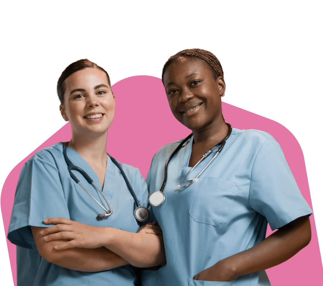 Two nurses in blue scrubs