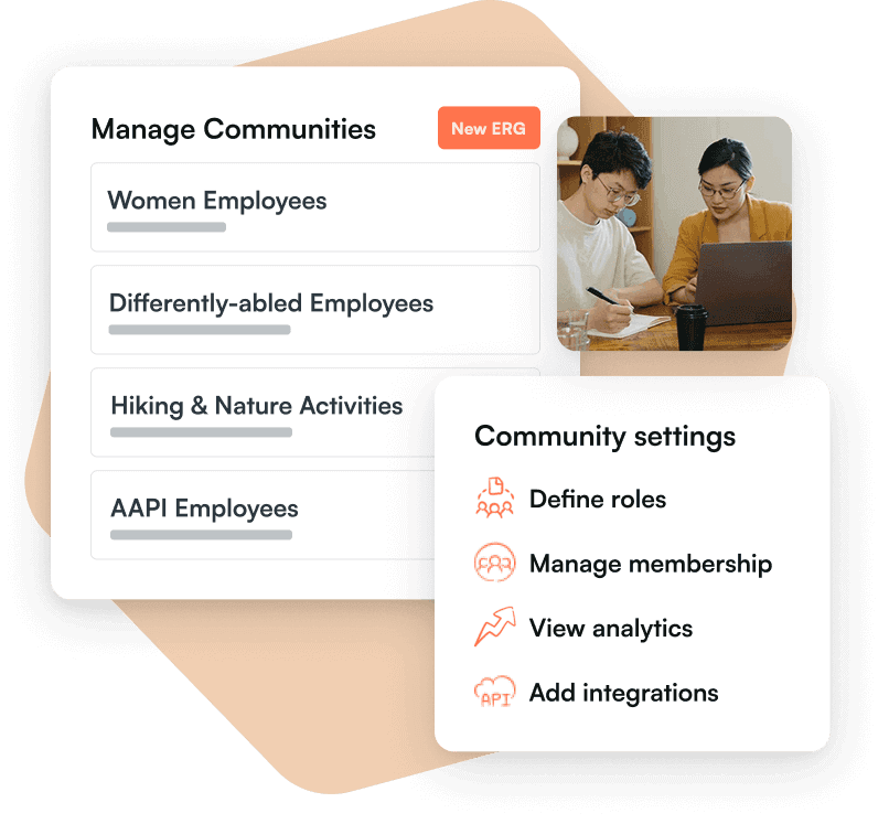 Manage Communities: Women Employees, Differently-abled Employees, Hiking & Nature Activities and AAPI Employees, with settings to define roles, manage membership, view analytics and add integrations
