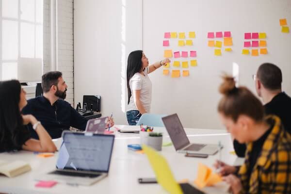 Team workshop with sticky notes on a whiteboard